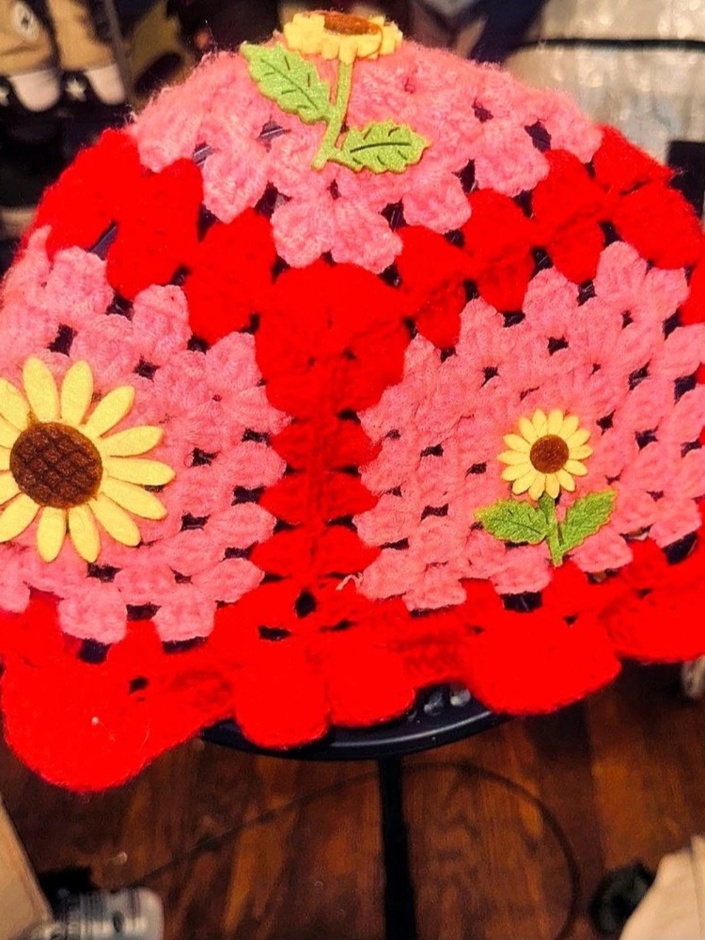 Crochet Floral Sunflower Hat in Red & Pink Like New